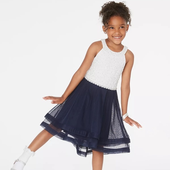 Speechless Big Girls Jeweled Waist Glitter Bodice Dress White/Navy Size 7